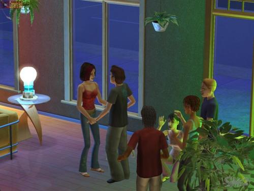a series of early Sims 2 screenshots of the teen party house