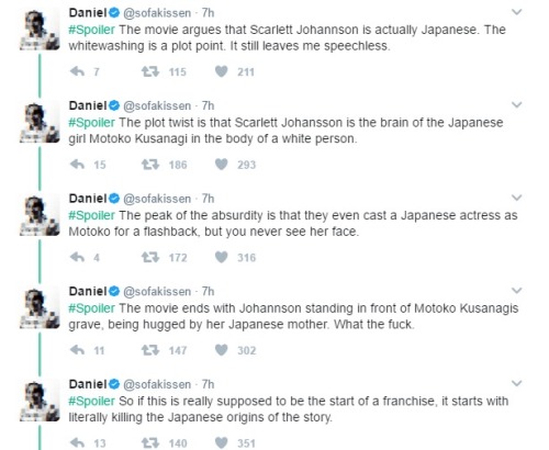 mandals: ourqueenfelinefatale:  starryflan:  HOLY FUCKOLI THE GHOST IN THE SHELL MOVIE IS EVEN MORE IF A TRASHFIRE THAN I THOUGHT  WOW  W O W  It’s like Get Out in reverse…  #that is some fuckin creative racism what the fuck   ITS LITERALLY GET OUT