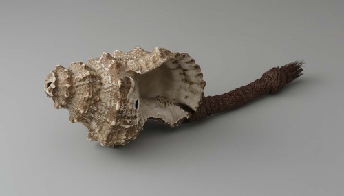 Davui (shell trumpet), ca. 1800sUnknown (Fiji)- Materials: Body: Conch shell • Handle: Plant fibers-