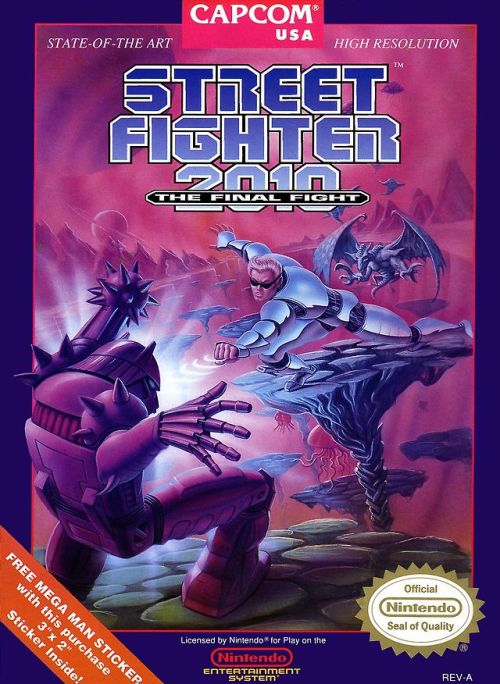 1990. Box art for Street Fighter 2010: The Final Fight on the original Nintendo Entertainment System