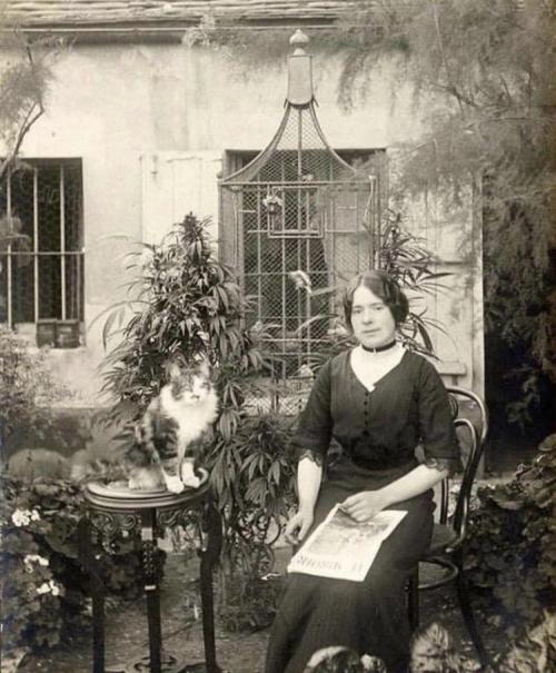 blondebrainpower:  A Parisian Lady Sits With a Cat, in Her Cannabis Garden C.1910