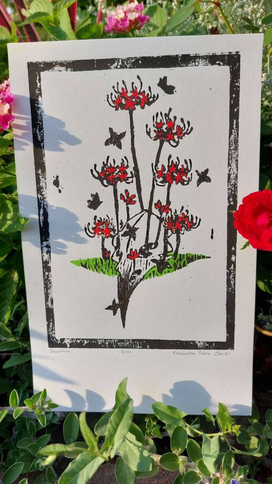 Picture of a single print (image description: A hand-colored linocut of a crow skull with several red spider lilies growing out of and next to it. There are black butterflies flying around in the scene.) against garden vegetation. There's a red flower next to the print's right.