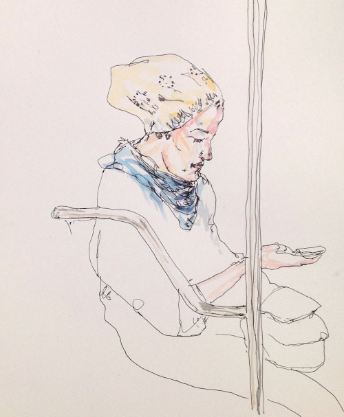 mountvision:Young woman with phone on the 1 train. pen and watercolorGregory Muenzen