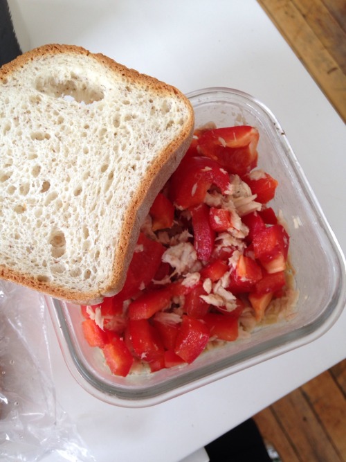 Tuna fish in extra virgin olive oil with red pepper and a side of gluten free bread!