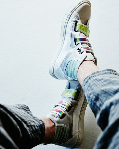 truststrut:  RAF SIMONS WHITE & GREEN HOLOGRAPHIC VELCRO HIGH TOP SNEAKERS   