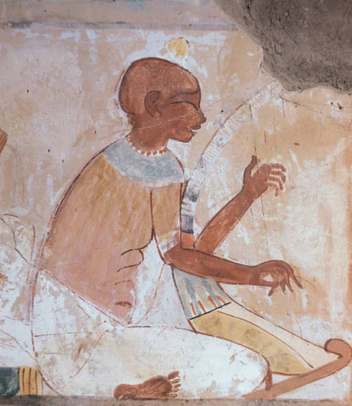 A blind musician playing a harp, detail of a wall painting from the Tomb of Nakht (TT52). New Kingdo