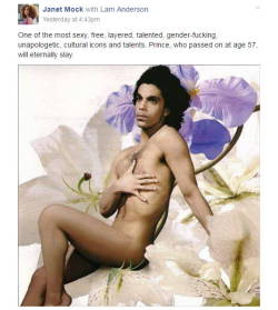 superheroesincolor:  thenerdsaurus:  “One of the most sexy, free, layered, talented, gender-fucking, unapologetic, cultural icons and talents. Prince, who passed on at age 57, will eternally slay. ” -   Janet Mock    *from my regular blog* 