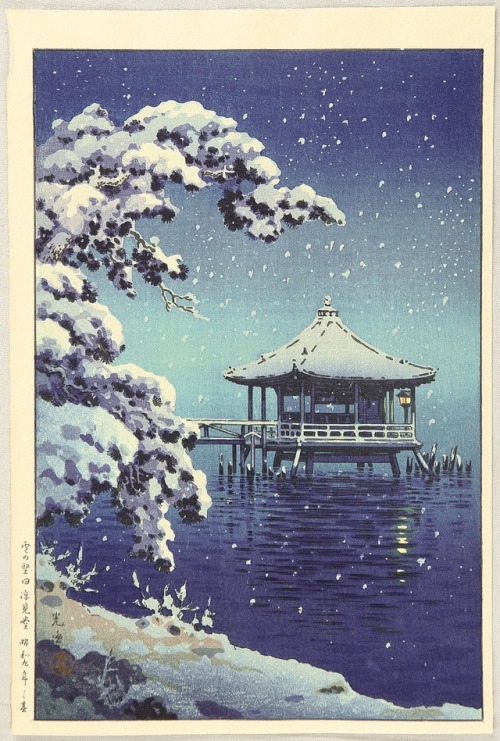 wonderlartcafe:beifongkendo:Snow at Ukimido, Katada, by Tsuchiya Koitsu (ca. 1930).beifongkendo:Snow