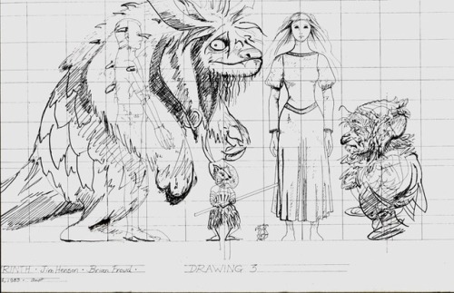 Concept art for Jim Henson’s LABYRINTH (1986)—note the puppeteers vaguely sketched inside the puppet