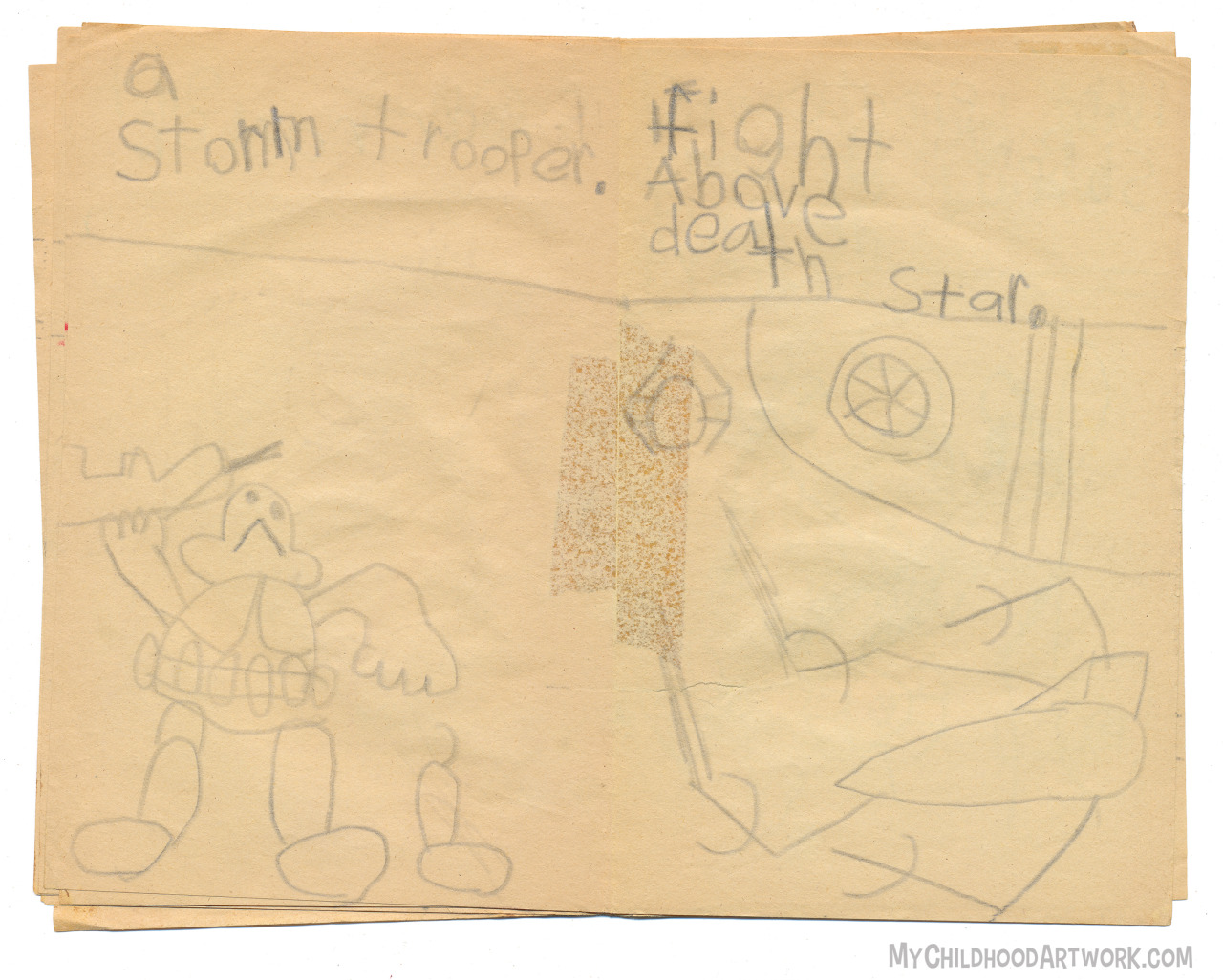 Age 6, 1977
Star Wars
A Stormtrooper.
Fight above Death Star.
I like Luke’s awkward X-Wing battling it out with Darth Vader’s TIE fighter. Something about the bent panels on Vader’s ship made it seem extra badass.