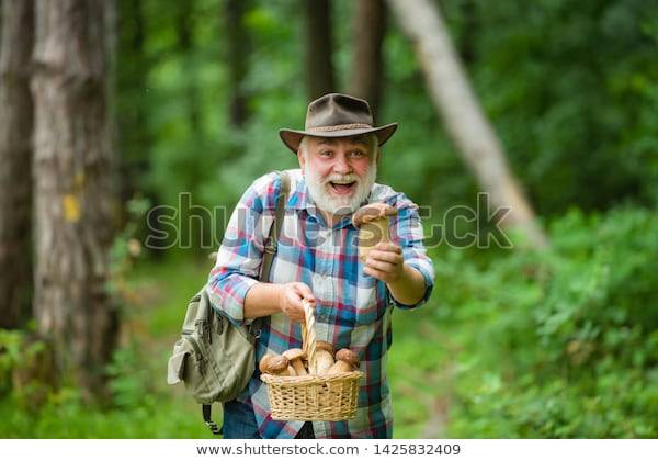 Old bearded man presenting a mushroom from his basket and smiling. 