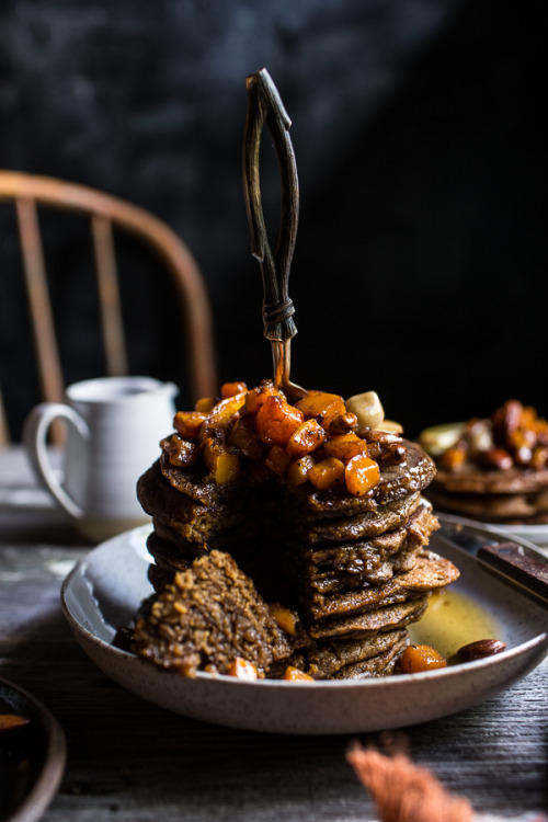 sweetoothgirl:  Spiced Almond Pancakes with Candied Butternut Squash + Maple Butter