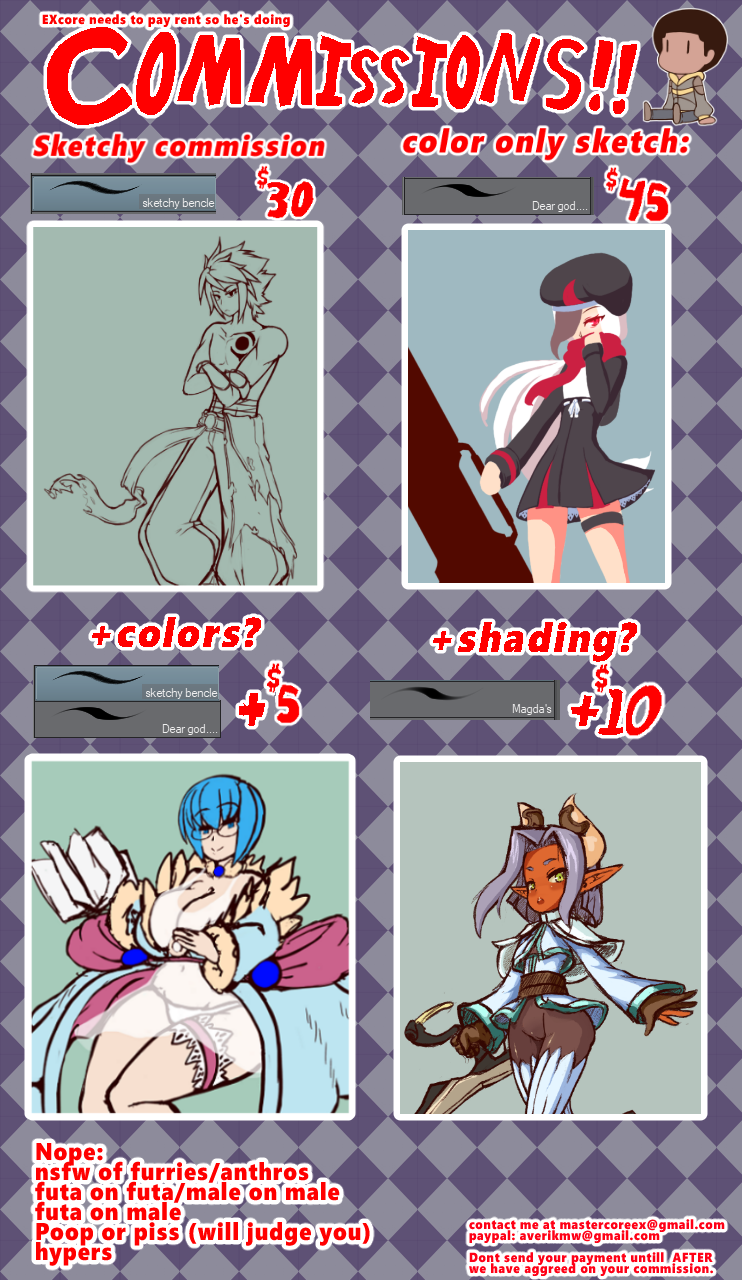 the-excore:  sup folks. i need to open commissions again. only sketches available,