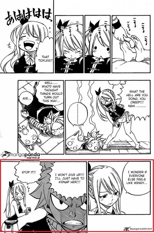 Estoy tan jodidamente preocupada y frustrada por Lucy, carajo! Ella sigue estando dolida por el hecho de que Natsu se haya ido así como así dejando sólo una mísera nota. Miren su cara, esa expresión de ‘sé cómo deben haber sufrido ellos, porque