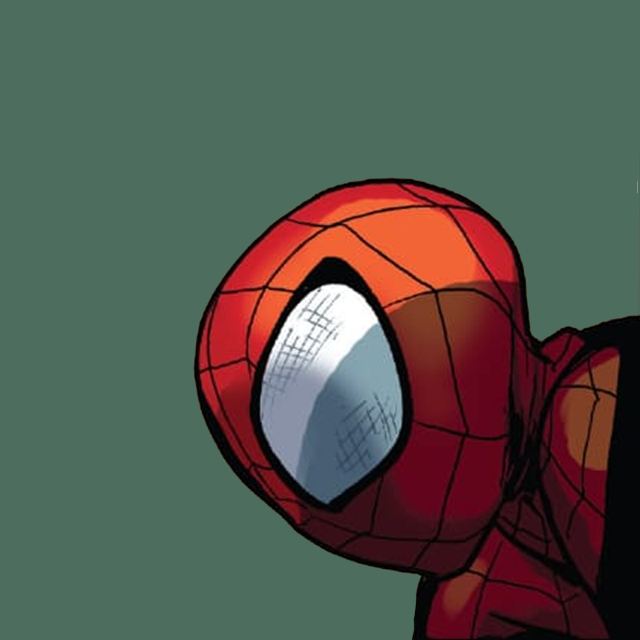 Miles Morales's profile wearing a Peter Parker Spider-Man costume that doesn't fit quite well over a deep metallic green solid colour background.