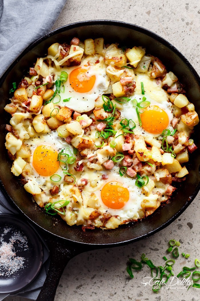 guardians-of-the-food:Cheesy Bacon and Egg Hash