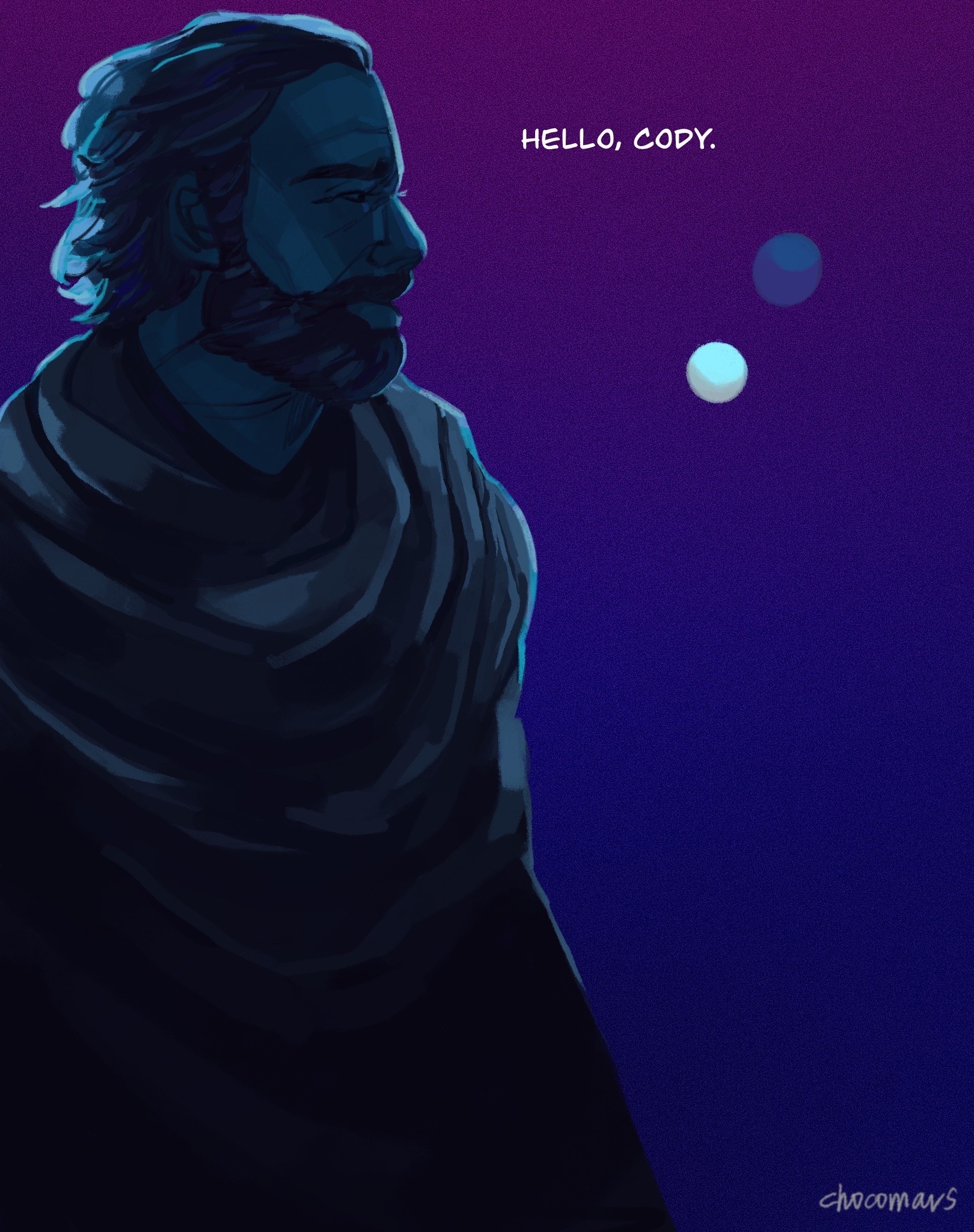 Obi-Wan is in a profile pose, facing the right. He's bathed in blue light, with the purples and blues of twilight as his backdrop, the two suns glowed in white and pale blue. He's sad, nostalgic, and he murmurs, "Hello, Cody."