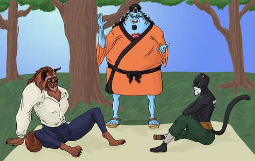 Beast, Jinbei and Panther Lily. They’re having a poetry recital – they all strike that samurai