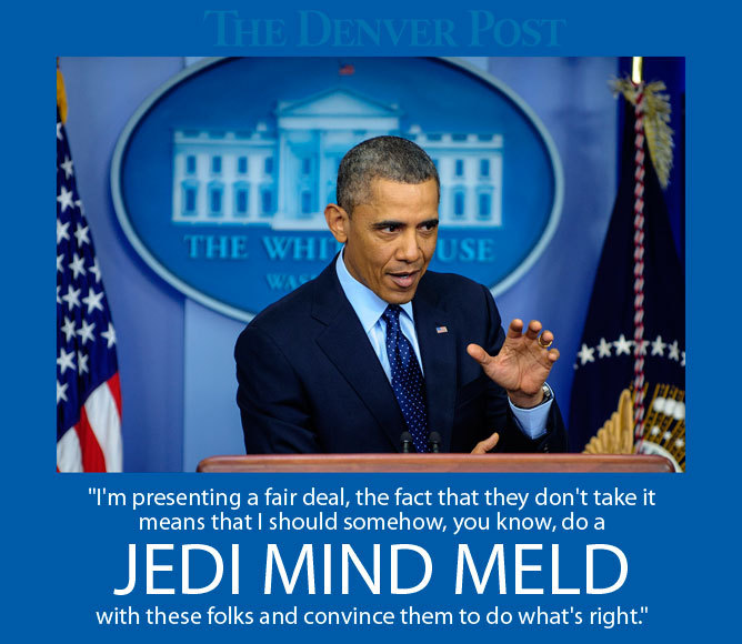 Obama says he can’t ‘Jedi mind meld’ a budget deal To the dismay of picky sci-fi fans nationwide, a combative President Barack Obama blamed Republican lawmakers Friday for failing to stop automatic spending cuts from beginning to kick in late in the...