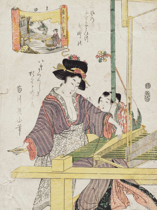 thekimonogallery:Silkmaking. Ukiyo-e woodblock print, about 1840’s, Japan, by artist Kikugawa Eizan.