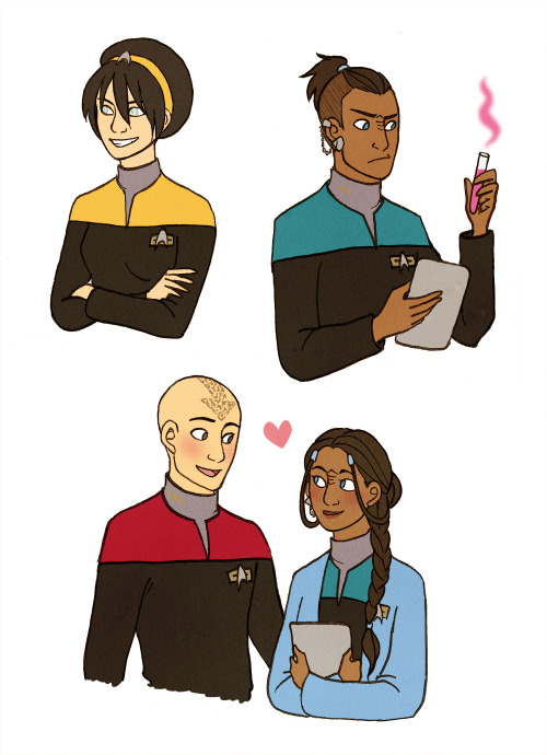 nethenclawpuff:  onetobeamup:  sheereleganceinitssimplicity:  A collection of lamamama’s awesome Avatar the Last Airbender - Star Trek: Deep Space Nine crossover Featuring the adult gaang: Toph - Terran; Security officer Sokka - Bajoran; Science