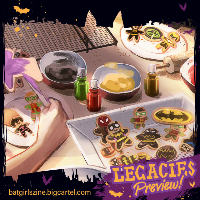 a square preview of a drawing for legacies: a batgirl zine. it features various cookies with the batfamily members, surrounded by bowls of frosting and bottles of food colouring.