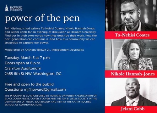 “Writers #NikoleHannahJones, @TaNehisiPCoates &amp; @Jelani1906 will speak at 7 p.m. Tues., March 5,