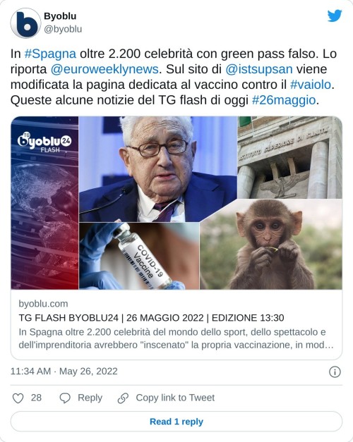 In #Spagna oltre 2.200 celebrità con green pass falso. Lo riporta @euroweeklynews. Sul sito di @istsupsan viene modificata la pagina dedicata al vaccino contro il #vaiolo. Queste alcune notizie del TG flash di oggi #26maggio.https://t.co/gAWnVeGr7l  — Byoblu (@byoblu) May 26, 2022