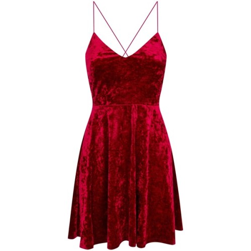 Red 2 Tone Velvet Strappy Skater Dress ❤ liked on Polyvore (see more red day dresses)