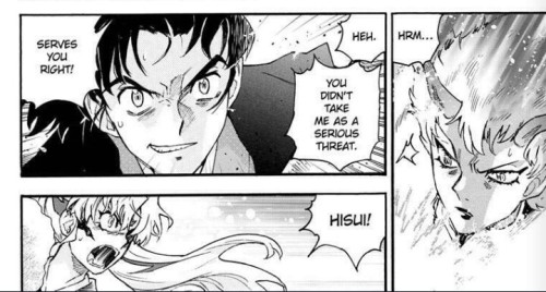 Meidomaru growling disappointed as his blow has been taken by Hisui protecting Setsuna.
Hisui: Heh, you didn't take me as a serious threat. Serves you right!
Setsuna yells Hisui's name as she sees him got hurt.