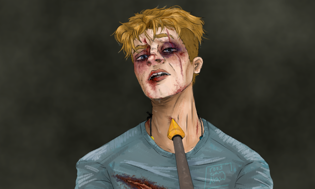 ID: A digital painting of Luke Castellan from the Percy Jackson series. He is a tan white man, with golden-blonde hair that hangs in his eyes. He has a long scar over the left side of his face. He has an expression that is both pained and taunting. His face is bruised and scratched, his eyes have heavy dark circles around them, and his lip is split open. He is sweating. He wears a blue t-shirt with a bloody slash across his chest, and a necklace with colored beads peeks out from under the shirt. Thalia's bronze spear point is at his throat, pressing in slightly. The background is gray with swirling clouds. 