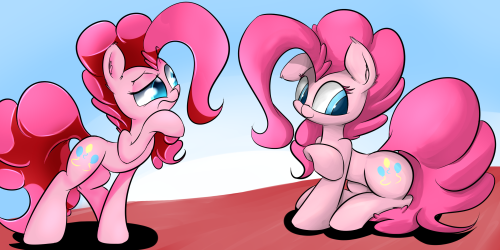 madacon:  I just tested a new style. This is just a try, a alpha! So I tried with Alpha pie some stuff like brushing, changed the eyes and got overall a bit more of a bright look. On the left the actual Pinkie pie, I think she isn´t sure what to thing