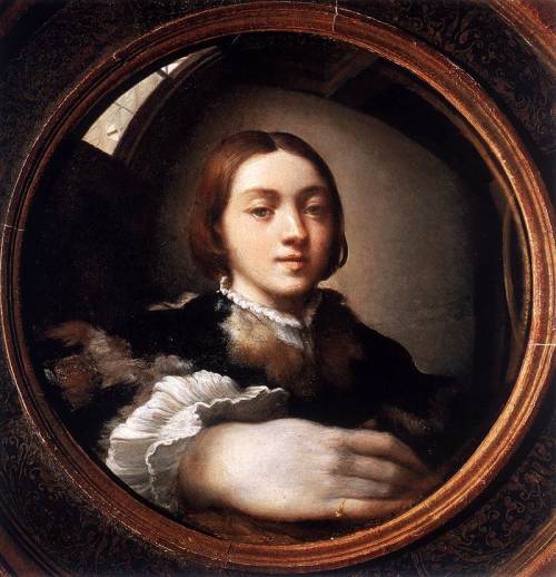 ganymedesrocks:  renaissance-art:    Parmigianino c. 1524 Self-Portrait in a Convex Mirror   Girolamo Francesco Maria Mazzola (1503-1540), known throughout his artistic career as Parmigianino, a nickname to endearingly mean'the little one from Parma’.