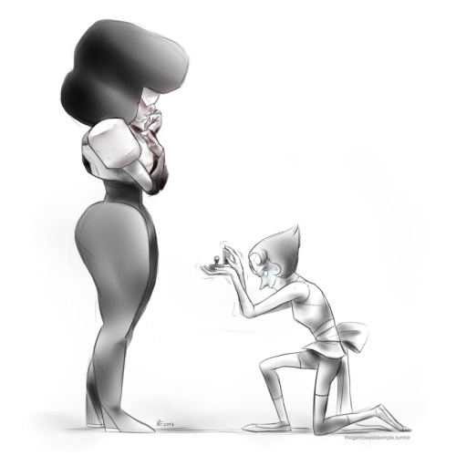 thegembeaststemple:  Pearl proposing with a pearl ring to serve as a reminder to Garnet—should she accept—that Pearl is always with her. A commission for Indigoangelcat. Thank you for your business!  I also have a personal story to go with this: