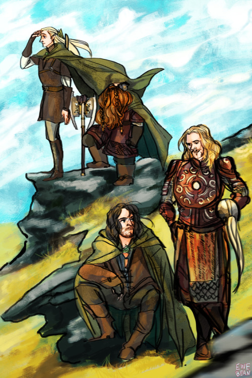 ewebean:Legolas, Gimli, Aragorn, and Eomer chillin’ on the slopes of Rohan.