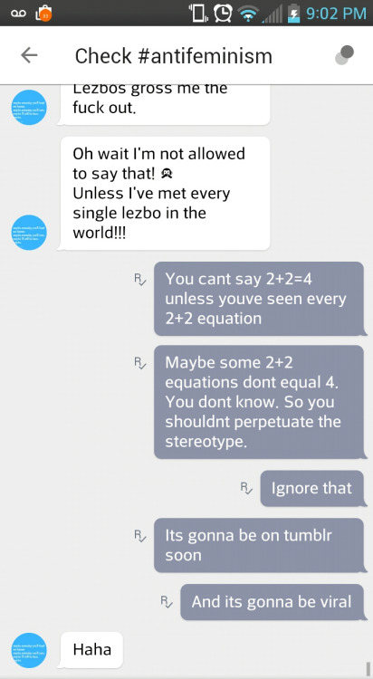 The political correctness of tumblr culture summed up in one Kik screenshot.#MathIsOppressive #Facts