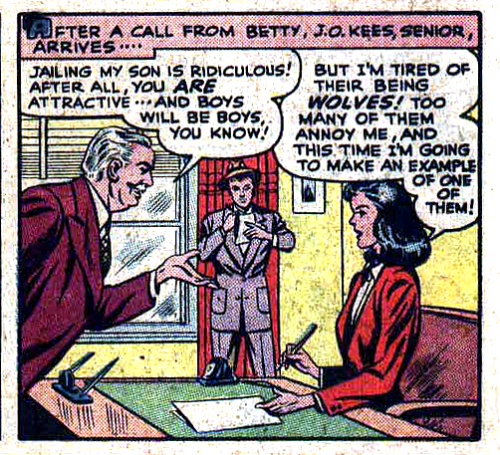 superdames:  In one of the greatest stories ever told, district attorney Betty Bates, “Lady-at-Law,” arrests a guy for whistling at her because he’s breaking public nuisance laws. This is in 1947!!! (From Hit Comics #47, 1947) 