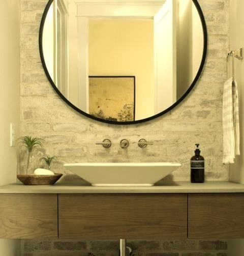 Powder Room - Beach Style Powder RoomBeach Style Multicolored Floor Powder Room Photo With Open Cabinets