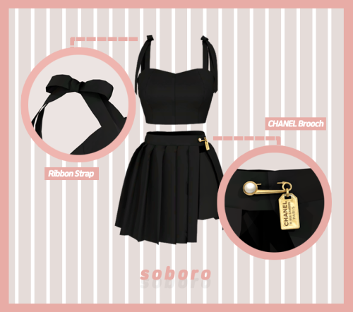 [soboro] Ribbon Strap Top + CHANEL Brooch Skirt SET New mesh Top 29 Swatch   Skirt 31 Swatch Top / B