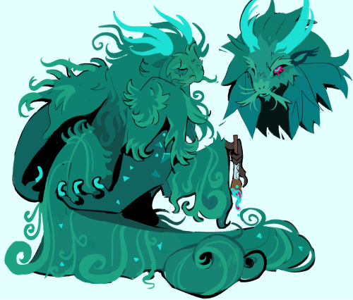 Magnificus from Inscryption drawn as a tundra dragon from Flight Rising. He is standing up with his back towards us, turning his head to look behind him. He has long and wavy teal fur with glittery blue highlights in certain spots, branching blue horns, and his wings are folded behind his back. He is holding his dripping paintbrush with a brown, clawed paw.

Next to him is a headshot of the same dragon. His blue-and-magenta ringed eye is looking up at something, and his mouth slightly agape in speech with blue teeth. He has a long, whiskery mustache at the end of his snout.