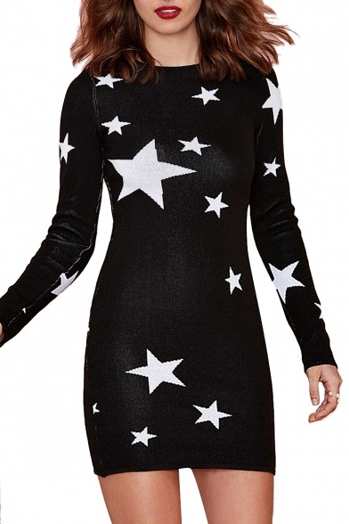 factorme69:Cat PrintStar PrintBat PrintNightmare SweaterLace DressShort Sleeve DressContrast