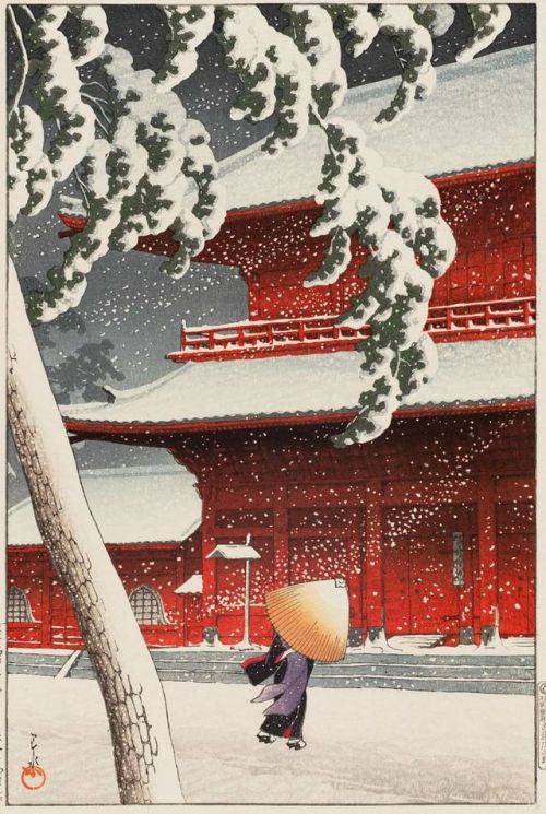 nobrashfestivity:Kawase Hasui,  Views of  Zojoji Temple in Snow, 1922-1952Color Woodblock 