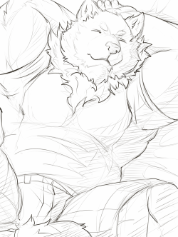 ralphthefeline:  hey it’s the same guy from yesterday’s drawing~! bearded bara mutt is sleeping =w=