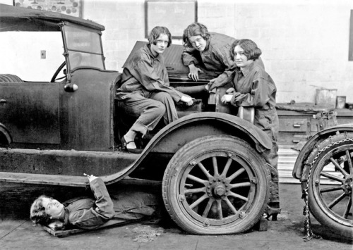 back-then:High school girls learn the art of automobile mechanics. Left to right- Grace Hurd, Evelyn