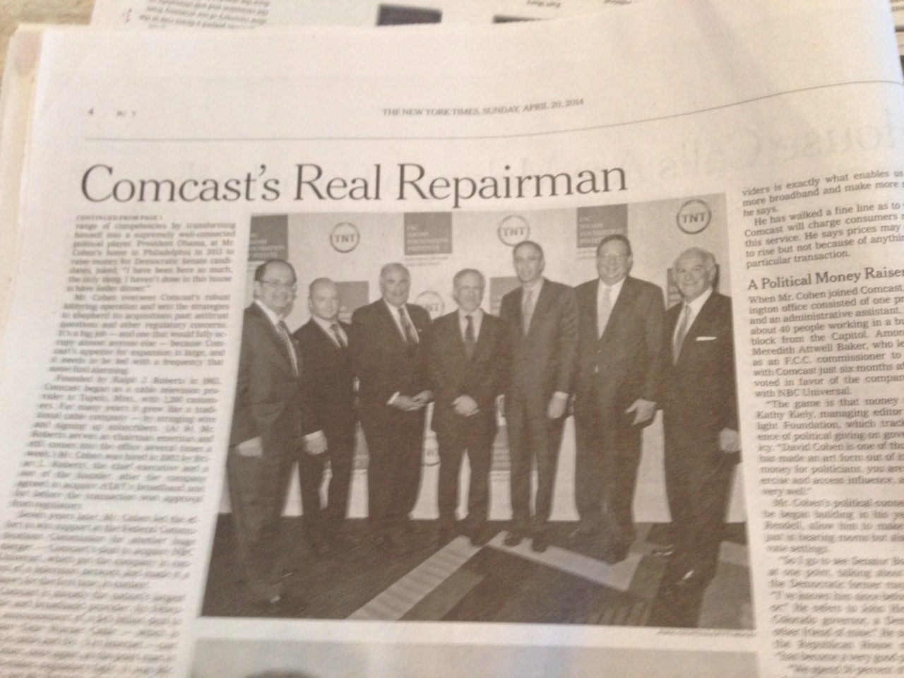 David Cohen, a white man, serves as an executive vice president for Comcast and is the subject of a feature in The New York Times for his role in the company’s proposed merger with Time Warner Cable. He is shown photographed with six other white men...