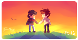 feradoodles: 15-16 (6 Days ‘til Christmas) Yes I do love doodling suntsets and -rises, okay? xD; So have some Palletshipping with it too&lt;3 Ash and Gary ready to take the world (I didnt have time so this is used for two days, oops!) 