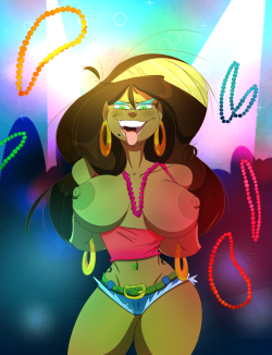 slewdbtumblng:  feathers-butts:  “Is this what you want, boys?! Come and get ‘em!”~ Every year everyone seems to run out of beads pretty quickly. But Mardi Gras is the one night Carmen can just let her impulses take over and steal the show.  Her