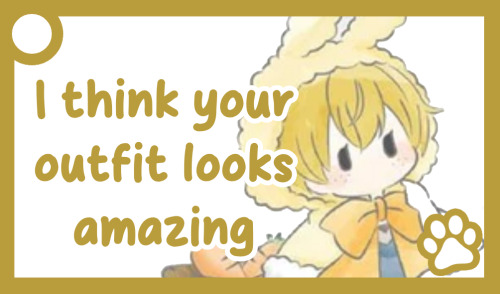 A yellow communication card of Kenji. The text reads: 'I think your outfit looks amazing'