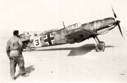 ww1ww2photosfilms:  Messerschmitt Bf 109E7Trop 2.(H)14 Black 3 and 4 Arco Philaenorum Tunisia Dec 1941