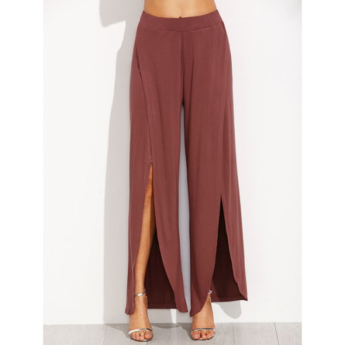 SheIn(sheinside) Brown Split Side Wide Leg Pants ❤ liked on Polyvore (see more stretch pants)